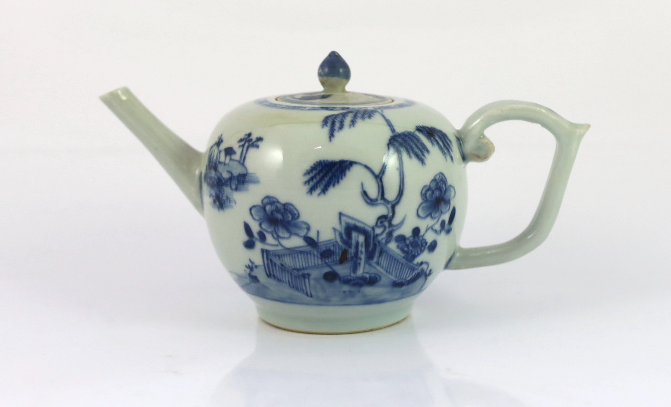 A Chinese blue and white bullet-shaped teapot and cover, Nanking Cargo, c.1750